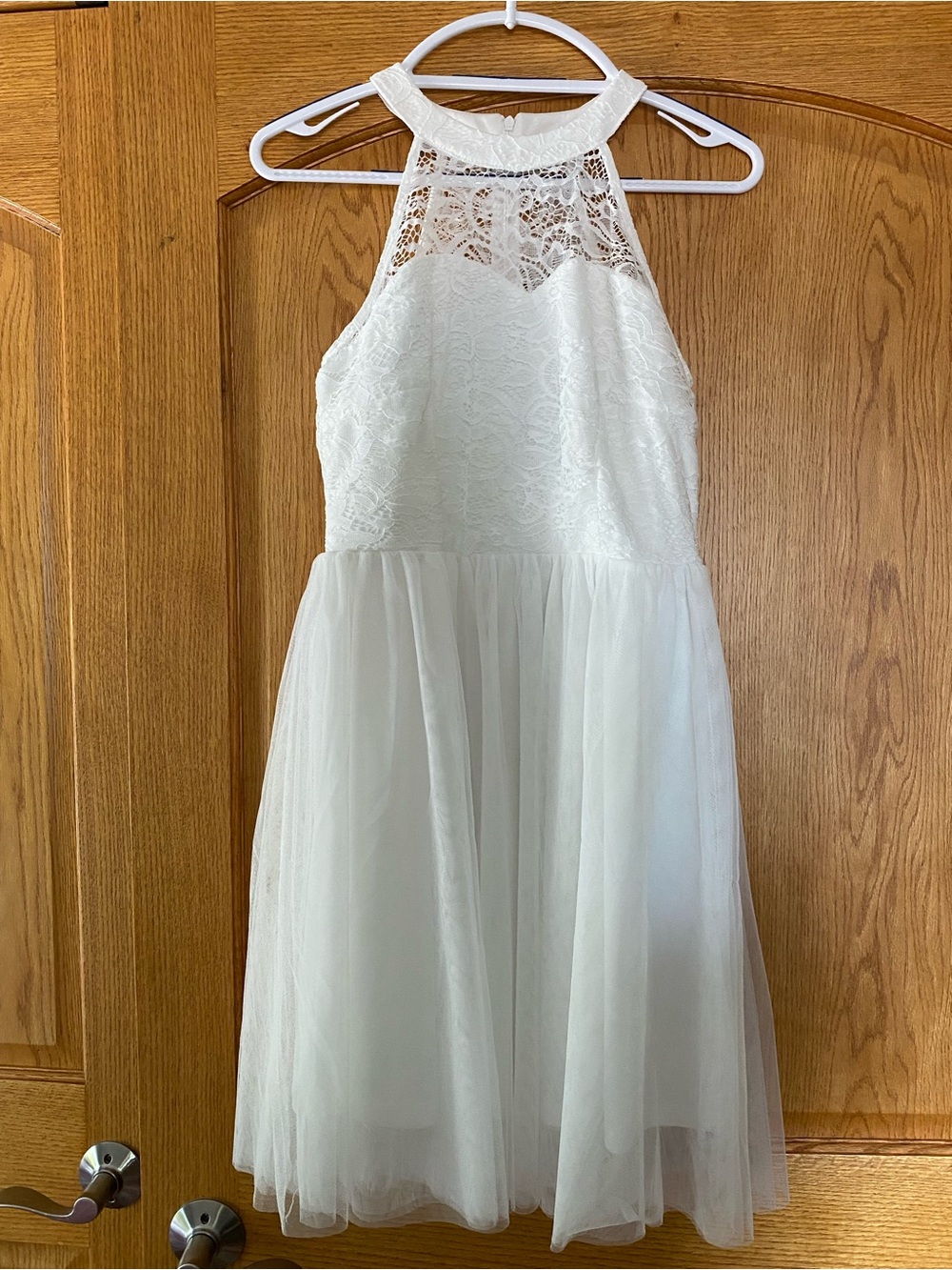 Ivory Lace Halter Tulle Prom Dress